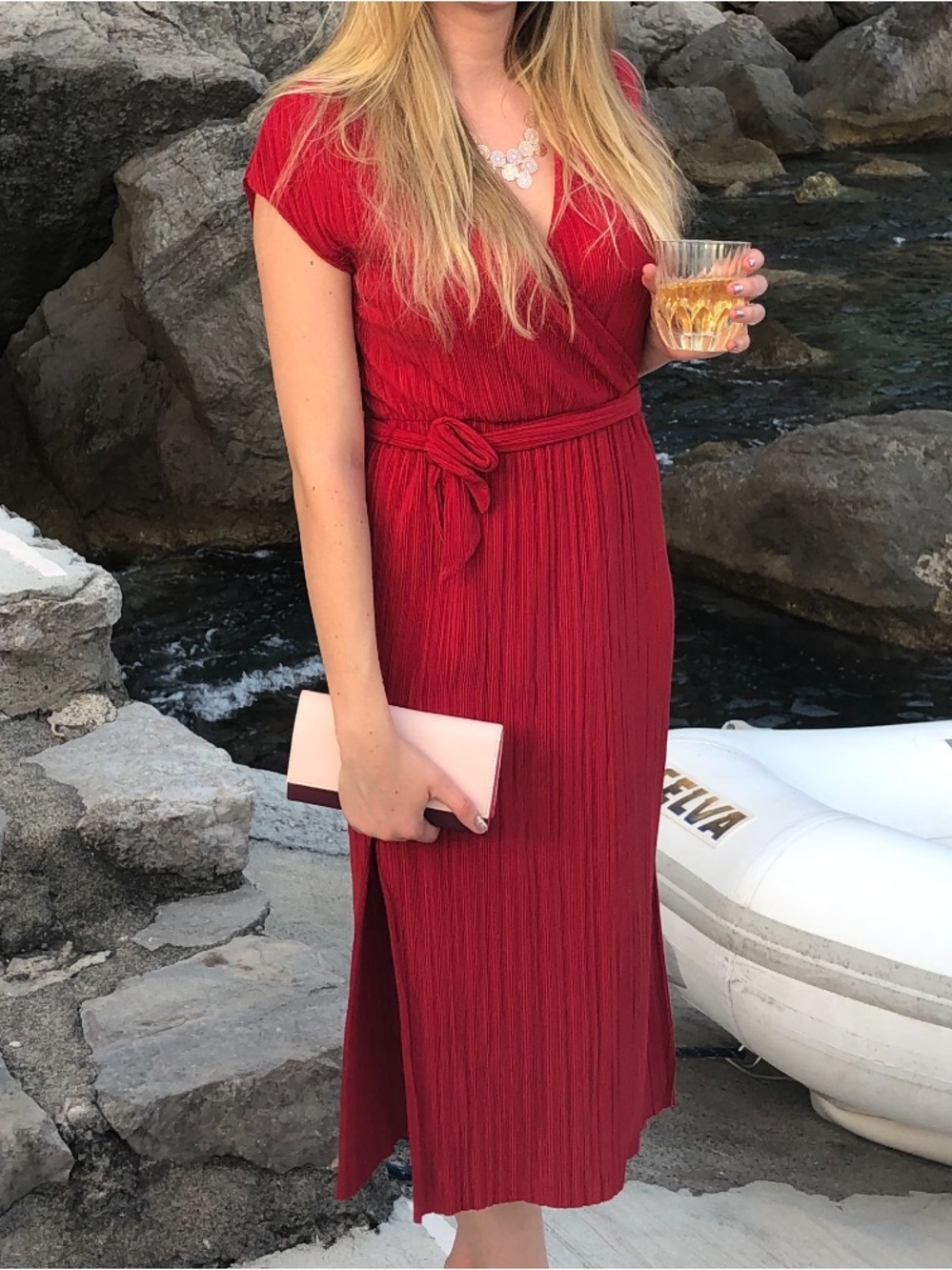 Elegant Red Wrap Midi Dress with slit